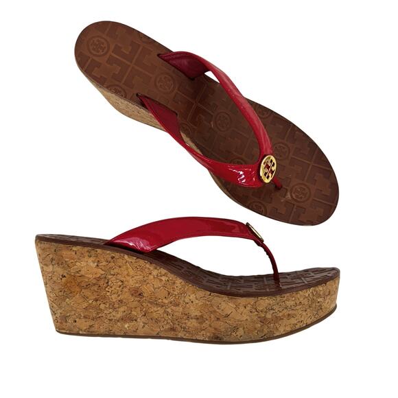 Tory Burch Thora Wedge Cork Platform Patent Leather Sandal Red Size 9M - Picture 1 of 11